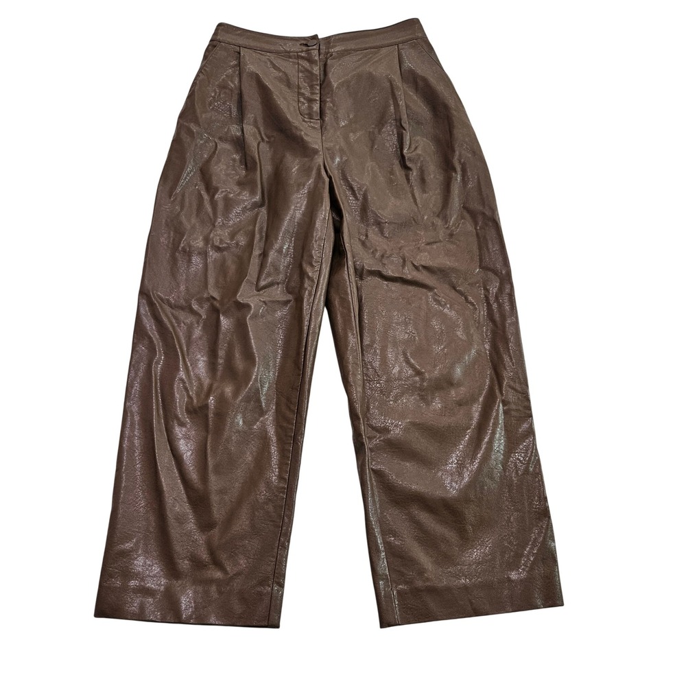 Oak + Fort Brown Chic Faux Vegan Leather Wide Leg Pleated Pants Womens Sz M